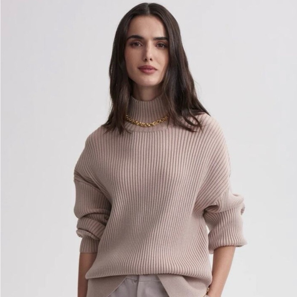 Varley Mayfair Mock Neck Knit Sweater in Cement Quiet Luxury Minimalist Size XS